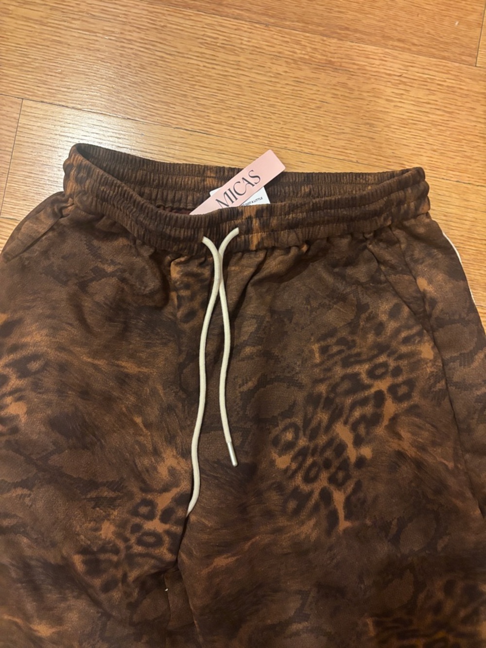 Brand New women’s Brown Leopard Print Track Pants with White Side Stripes - Picture 2 of 3